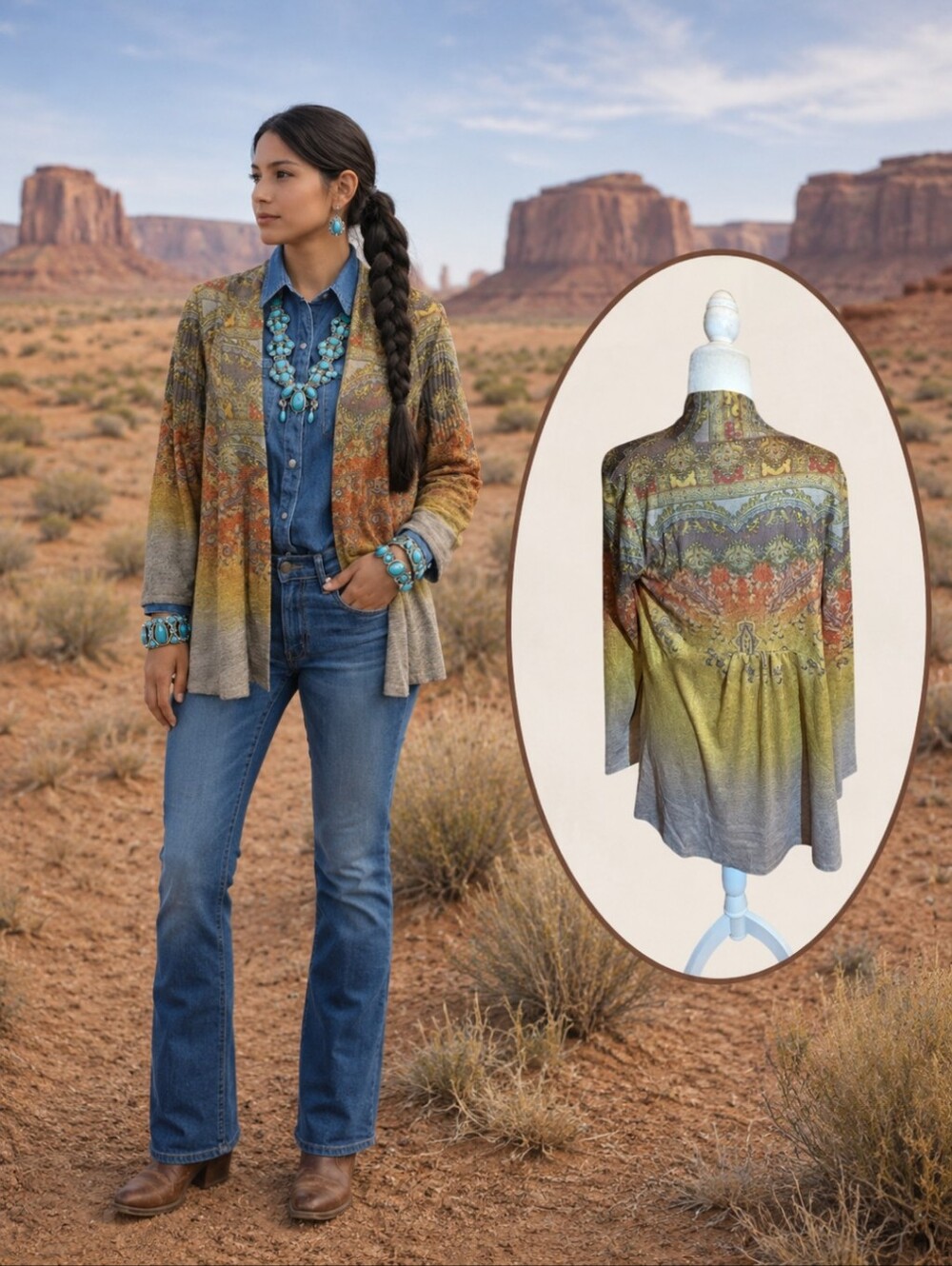 New One World Neutral Southwestern Print Open Front Lightweight Cardigan Sz XS